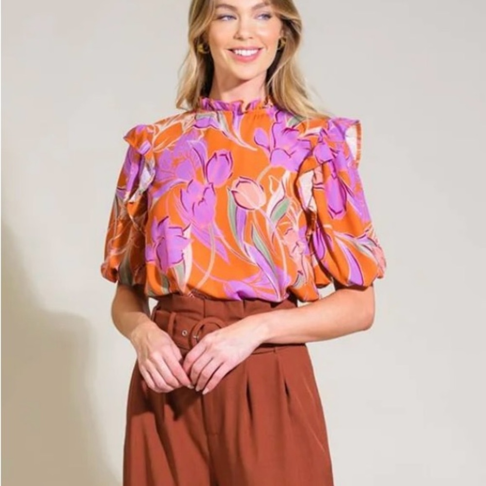 Flying Tomato Floral Blouse Ruffles Size Small Preppy Career Puff Pastel S